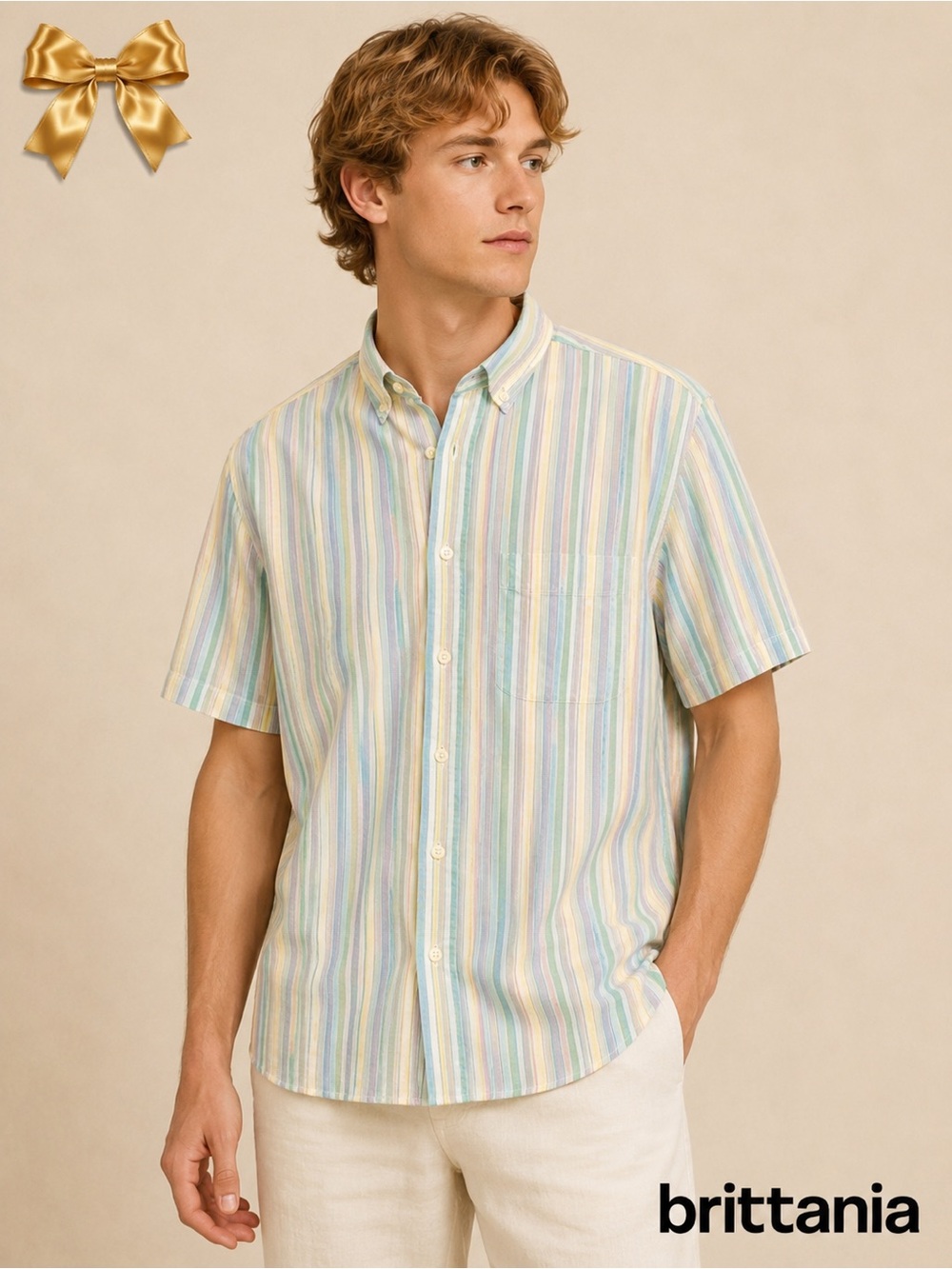 BRITTANIA Short Sleeve Lightweight Vertically Striped Cotton Poly Blend S